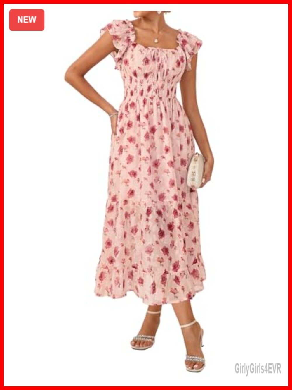 Women's Floral Midi Dress Square Neck Ruffle Sleeve A-Line Smocked Waist